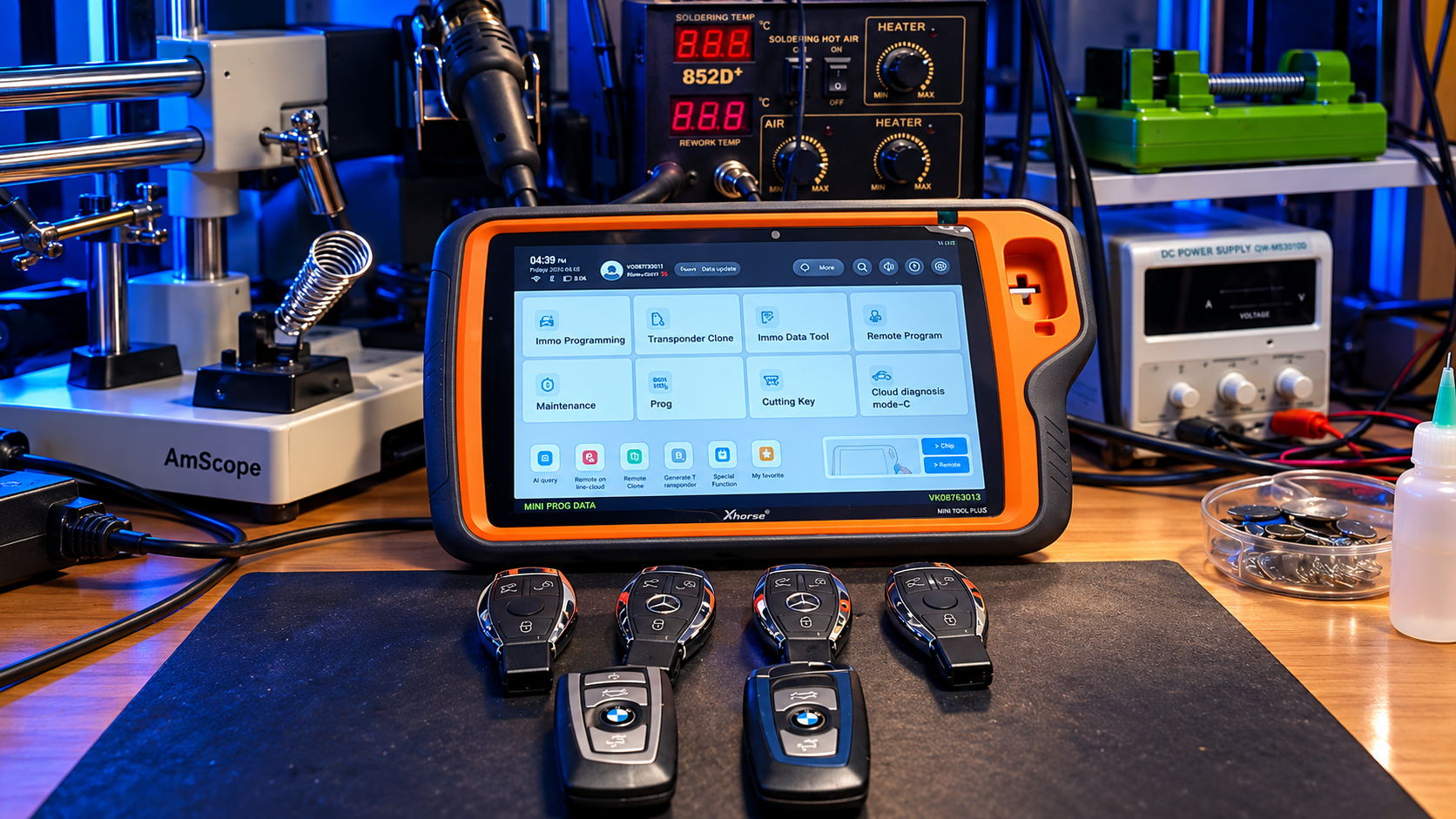 Car keys and programming equipment on the Revelectronics electronics workbench
